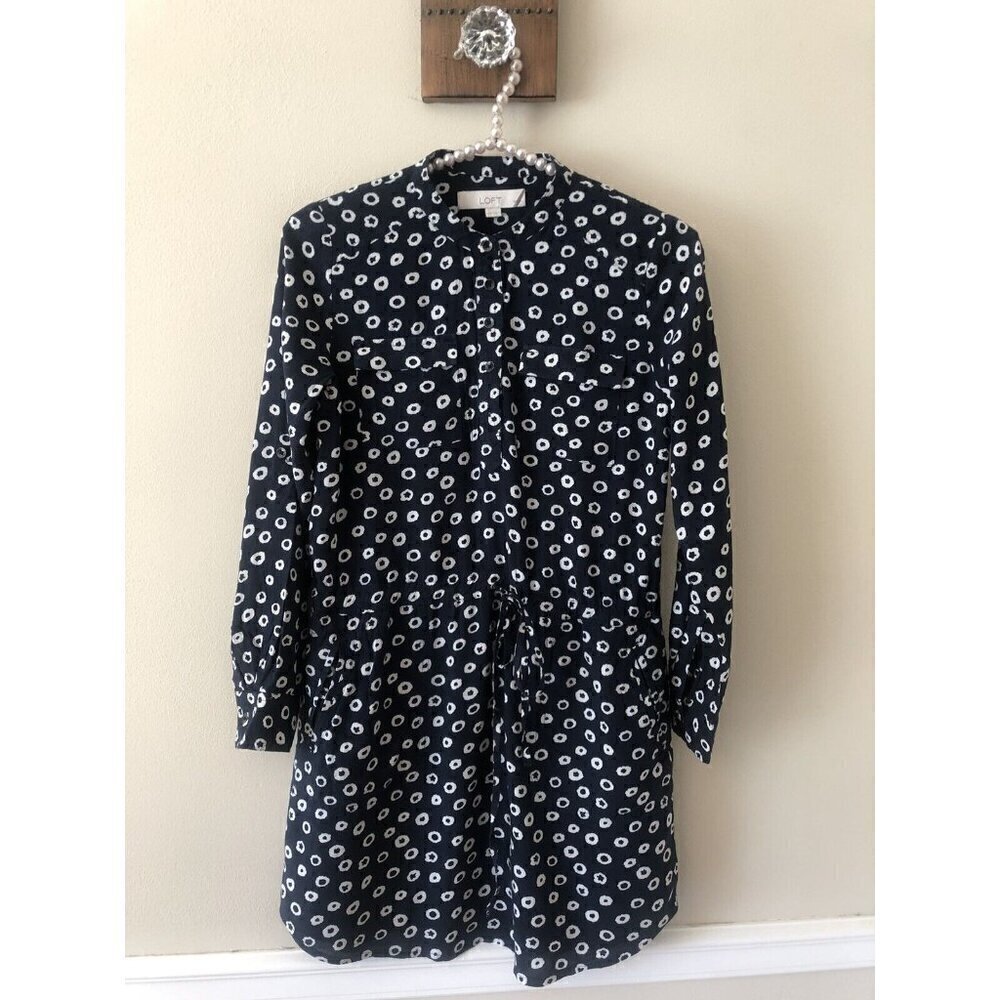 Ann Taylor LOFT Petite Size XXSP Blue White Dotted Tunic Top Pockets
